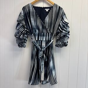 Bar III Abstract Artsy Avant Garde Striped Bubble‎ Sleeve Midi Dress Size M Chic